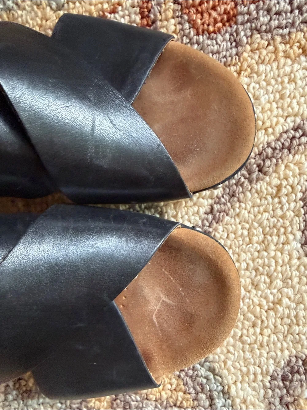 Clarks Black Leather Crossover Sandal with Wood Heel